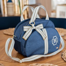 Bolsa grande azul linho com fita bege 