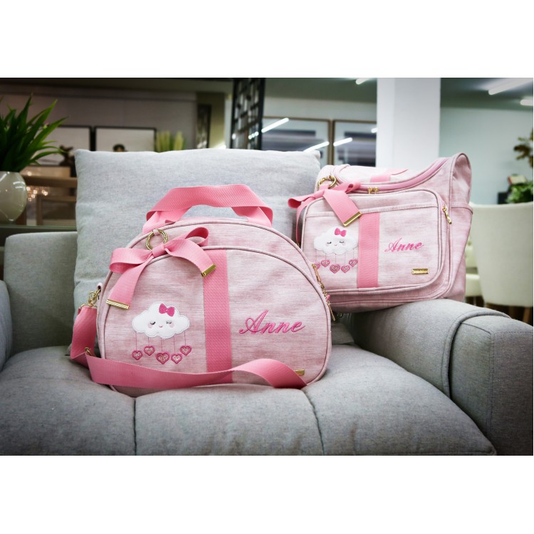 JOGO DE MATERNIDADE GLAM (Bolsa G + Mochila 2 em 1) LINHO ROSA BEBÊ COM FITA GLAM ROSA BEBÊ