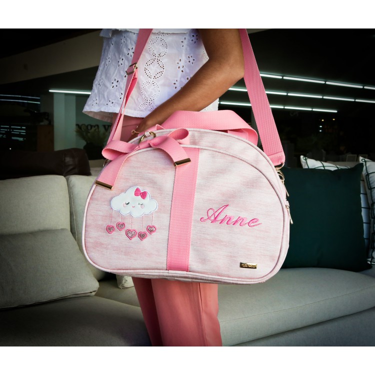 JOGO DE MATERNIDADE GLAM (Bolsa G + Mochila 2 em 1) LINHO ROSA BEBÊ COM FITA GLAM ROSA BEBÊ