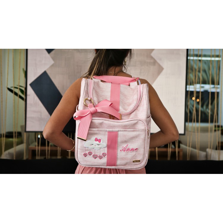 JOGO DE MATERNIDADE GLAM (Bolsa G + Mochila 2 em 1) LINHO ROSA BEBÊ COM FITA GLAM ROSA BEBÊ