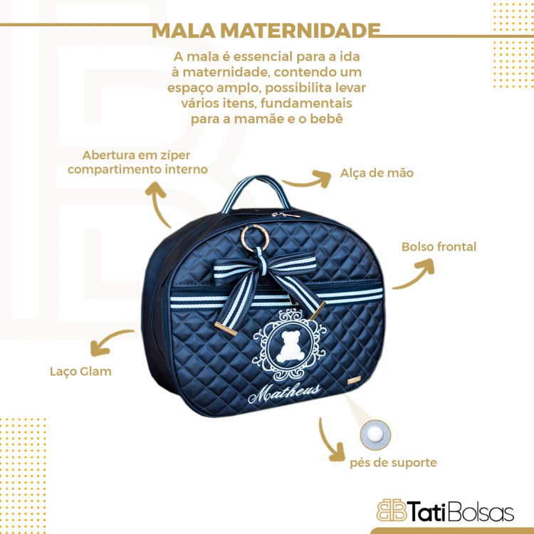 JOGO DE MATERNIDADE GLAM (Frasqueira Bella + Mala de Maternidade) AZUL COM FITA GLAM AZUL COM BRANCO