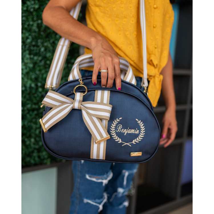 BOLSA GLAM TAM. P AZUL COM FITA LISTRADA BEGE