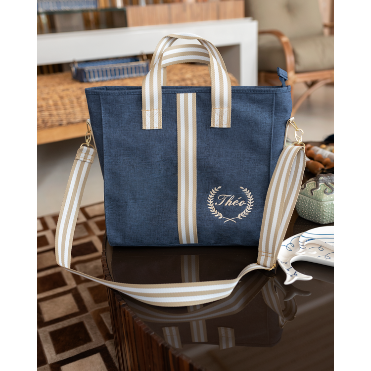 BOLSA CLOE LINHO AZUL COM FITA LISTRADA BEGE