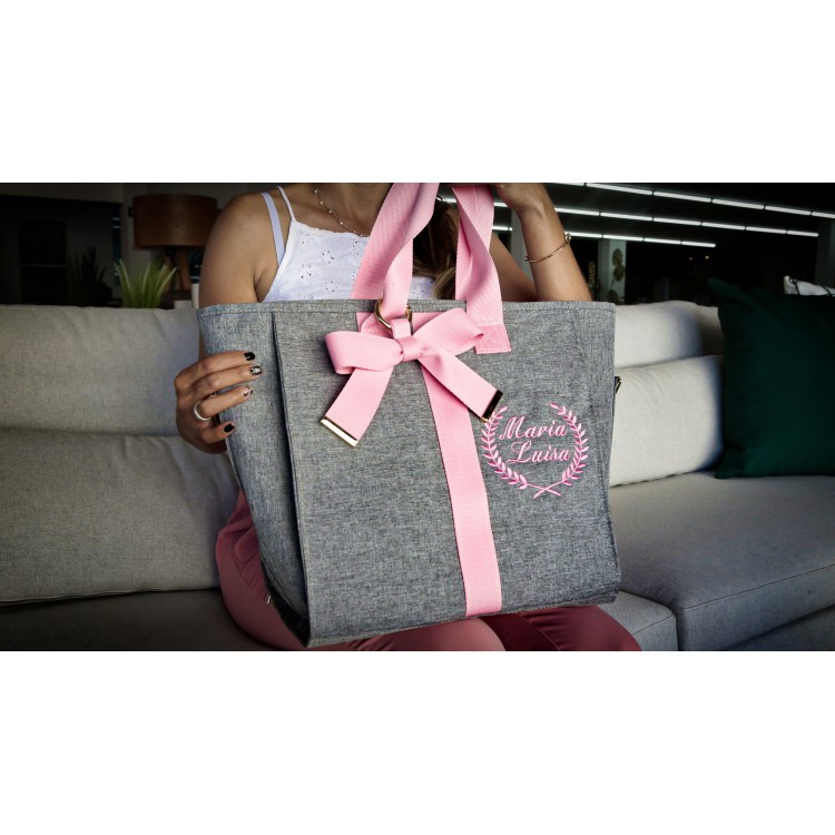 BOLSA CLOE LINHO PURO BEGE COM FITA GLAM ROSÊ