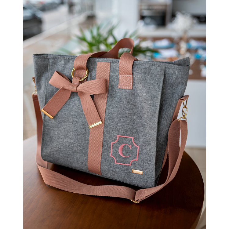 BOLSA CLOE LINHO CINZA COM FITA GLAM ROSÊ