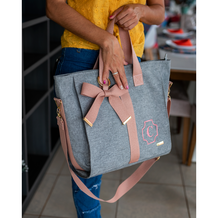 BOLSA CLOE LINHO CINZA COM FITA GLAM ROSÊ