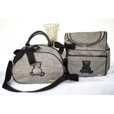 JOGO DE MATERNIDADE GLAM (Bolsa G + Mochila 2 em 1) LINHO CINZA COM PRETO