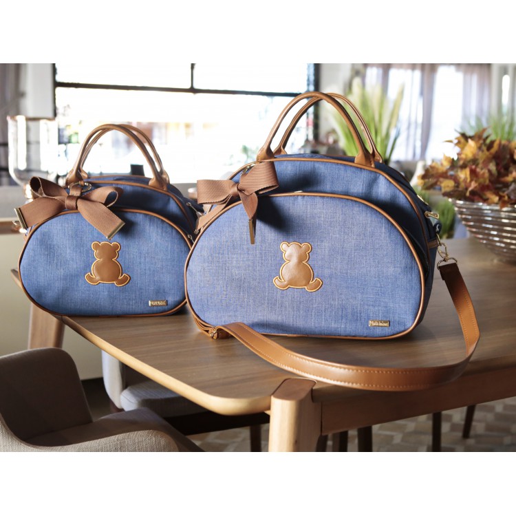 JOGO DE MATERNIDADE GLAM (Bolsa P + Bolsa G) LINHO AZUL COM CARAMELO