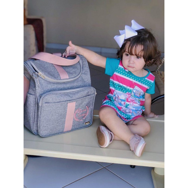 MOCHILA 2 EM 1 LINHO CINZA COM FITA GLAM ROSÊ